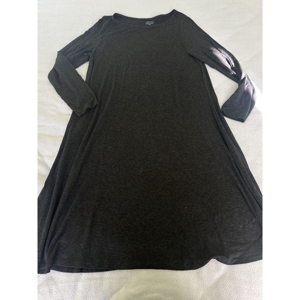 Eileen Fisher Dress Womens Medium Shift Dress Charcoal Knit Stretch Sleeves Midi